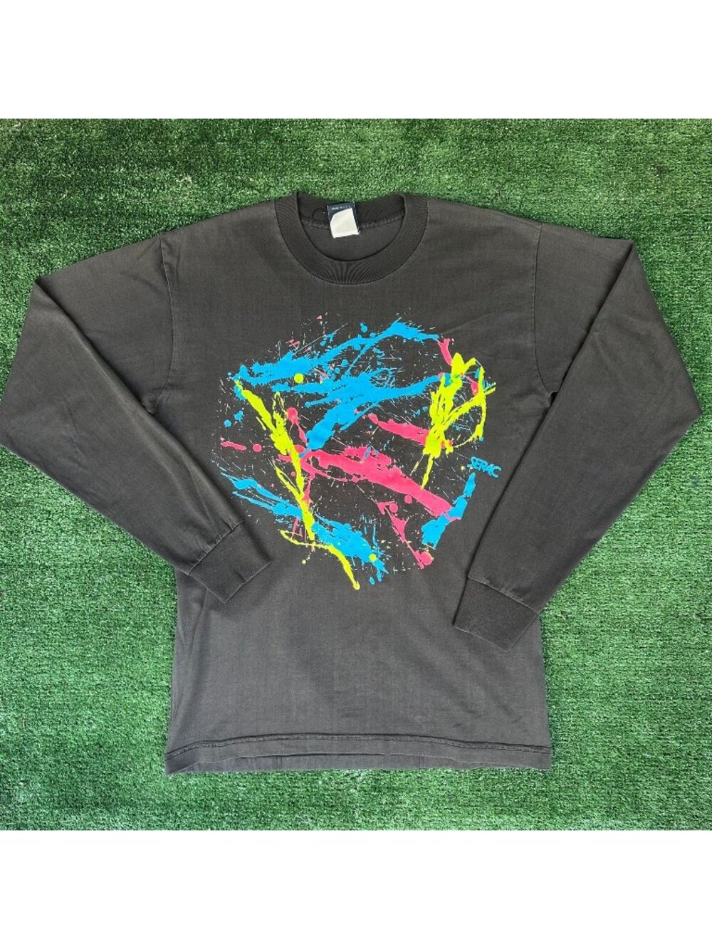 Vintage 90s Serac Neon Splatter Cycling T-Shirt Long Sleeve Faded Black BMX Rave
